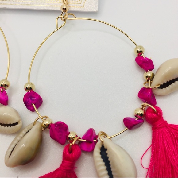 EARRINGS BOHO TASSELS DEEP PINK, purple stones! - Picture 6 of 9